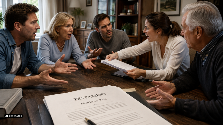 Familienstreit über ein Testament während einer Diskussion in der Familie.
