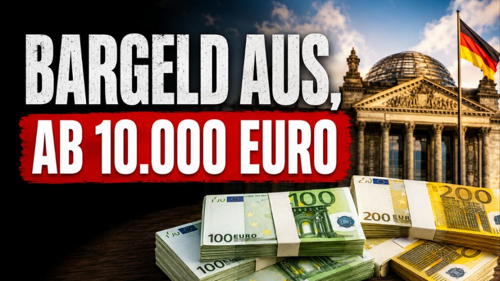 Bargeld aus ab 10.000 Euro mit Geldscheinen vor dem Reichstag.