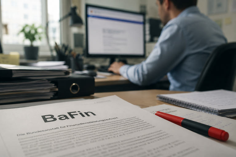 Mann am Computer betrachtet BaFin-Dokument zur Edelmetallhändler-Wahl.