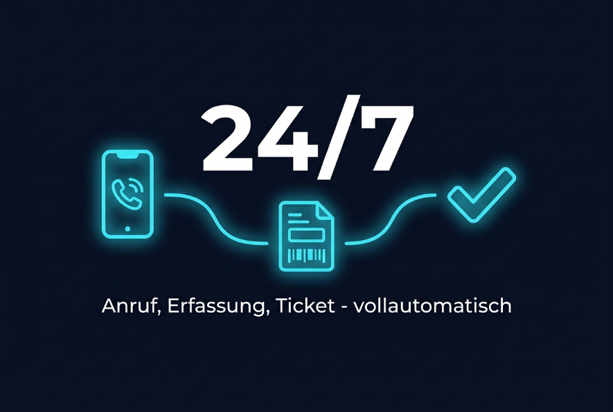 Grafik zur Funktionsweise eines KI-Voice-Agents 2026 mit Anruf, Erfassung und Ticket.