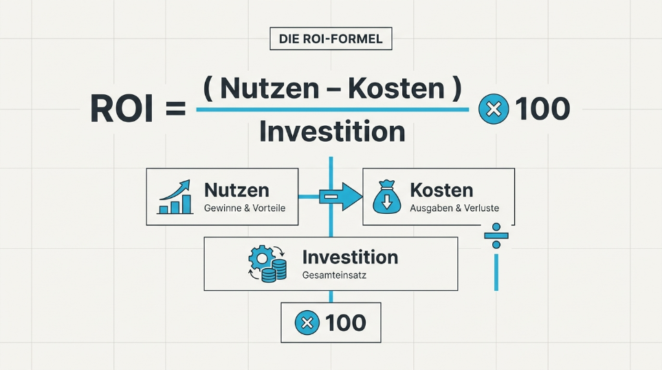 Grafik zeigt die ROI-Formel zur Berechnung von Nutzen und Kosten der Automatisierung.