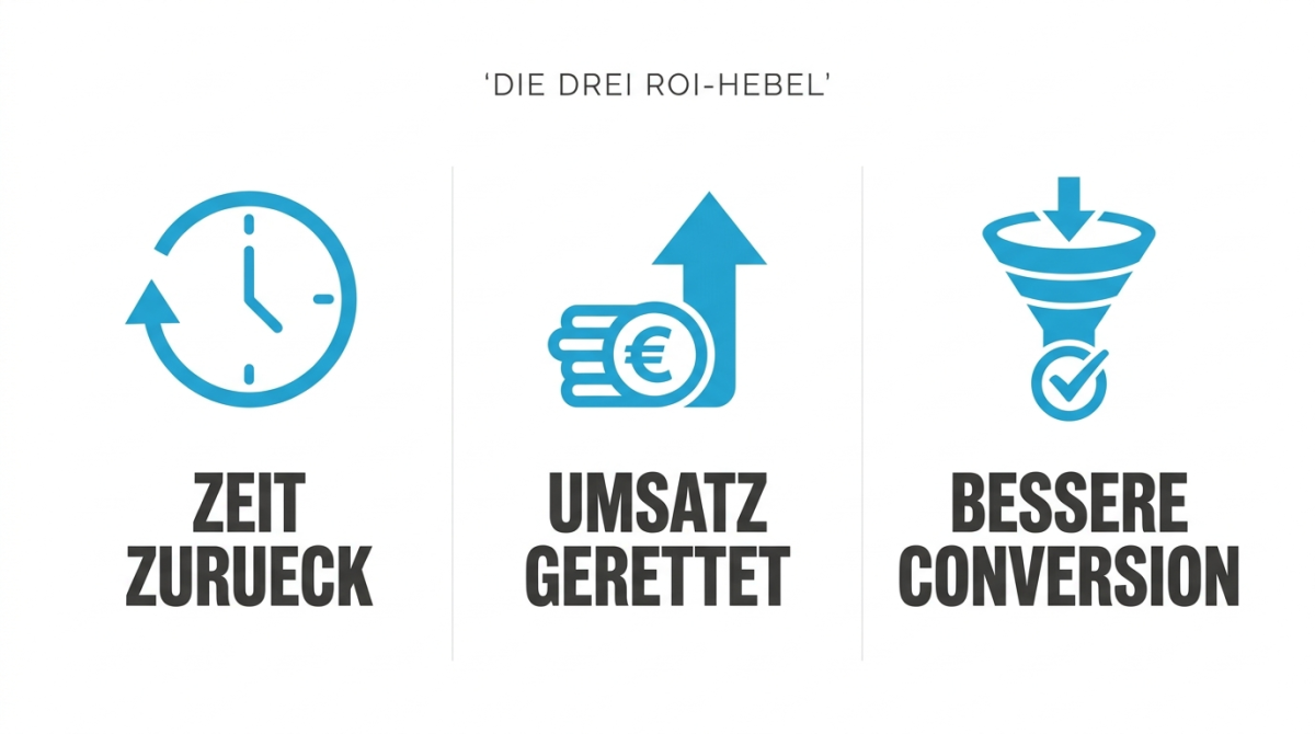 Grafik zeigt die drei ROI-Hebel der Automatisierung: Zeit zurück, Umsatz gerettet, bessere Conversion.