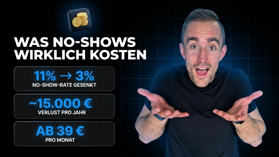 Mann zeigt auf Angaben zu No-Show-Kosten im Friseursalon, gesenkter Ausfallquote und möglichem Umsatzverlust.