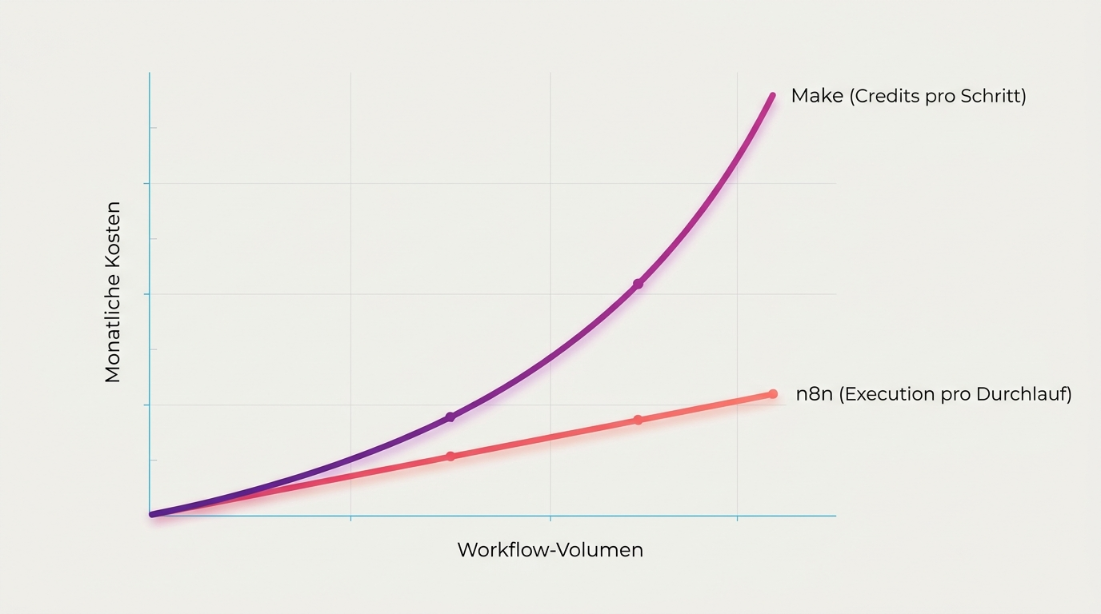 Grafik vergleicht die Kosten von n8n und Make anhand von Workflow-Volumen.