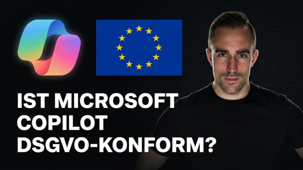 Mann mit EU-Flagge und Microsoft Copilot Logo, Thema DSGVO-Konformität.