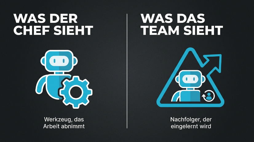 Grafik zeigt die unterschiedliche Sichtweise von Chef und Team auf KI-Technologie.