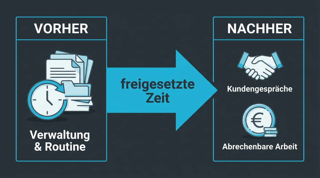 Visualisierung der freigegebenen Zeit durch KI: Vorher Verwaltung, nachher Kundengespräche.
