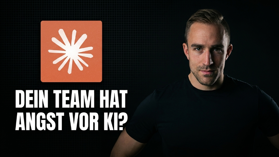 Ein Mann mit ernster Miene, der das Thema „Dein Team hat Angst vor KI?“ anspricht.