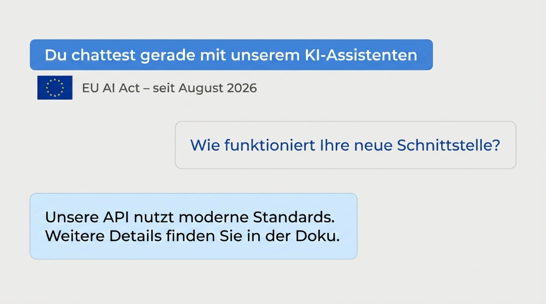 Chatfenster mit KI-Assistenten, das die Transparenzpflicht nach dem EU AI Act zeigt.