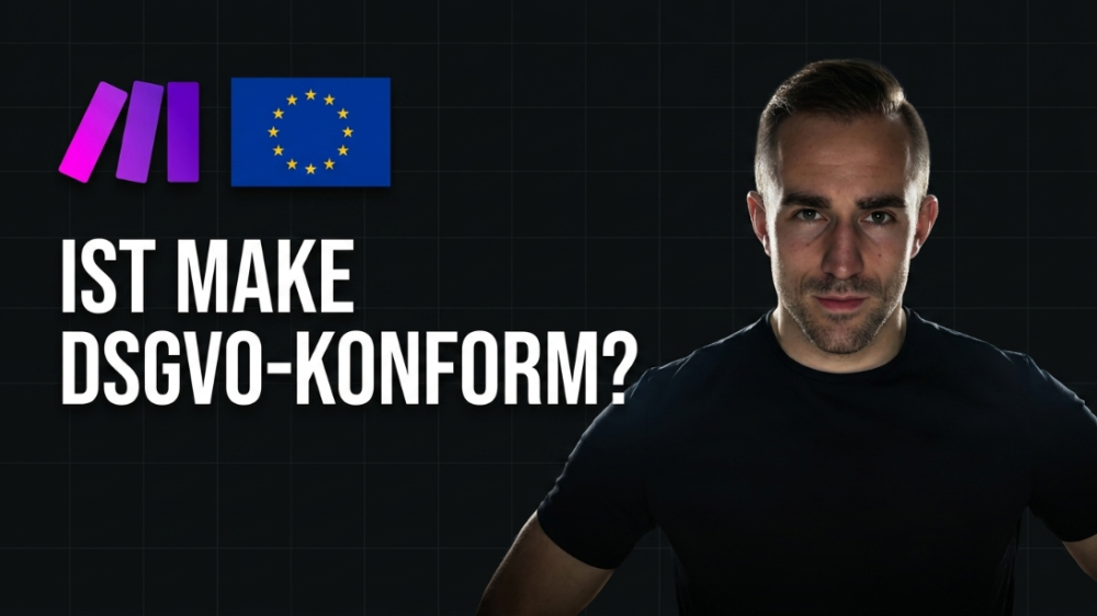 Mann mit europäischer Flagge und Make-Logo, fragt: Ist Make DSGVO-konform?