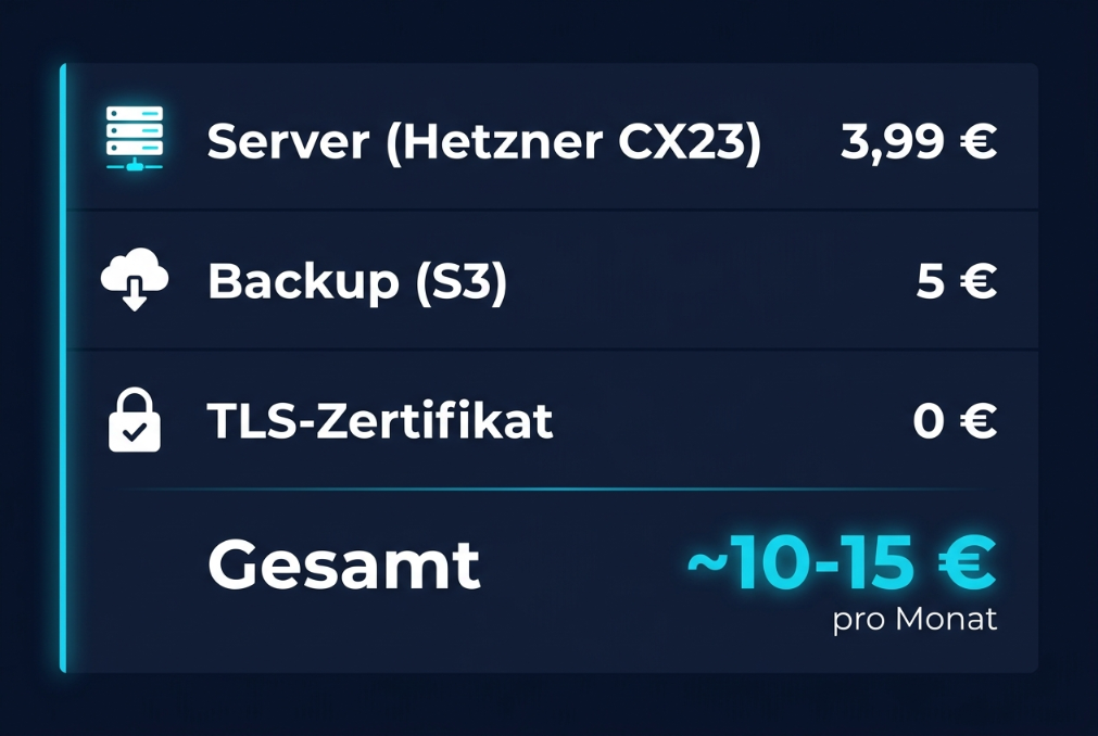 Tabelle mit Self-Hosting Kosten für Server, Backup und TLS-Zertifikat.