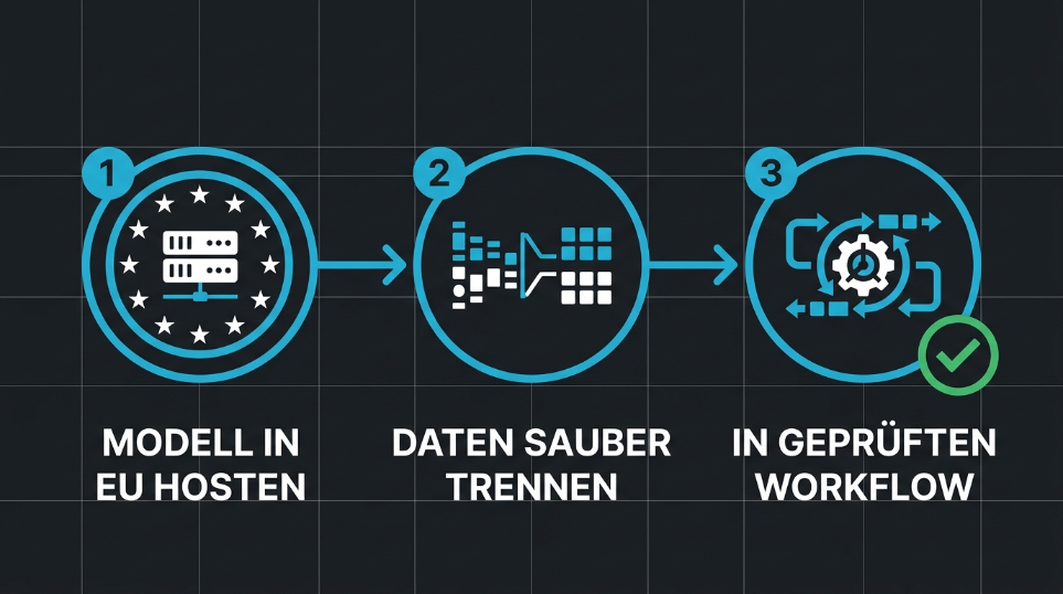 Schritte zur DSGVO-konformen Nutzung von DeepSeek: Modell in der EU hosten, Daten trennen, in Workflow integrieren.