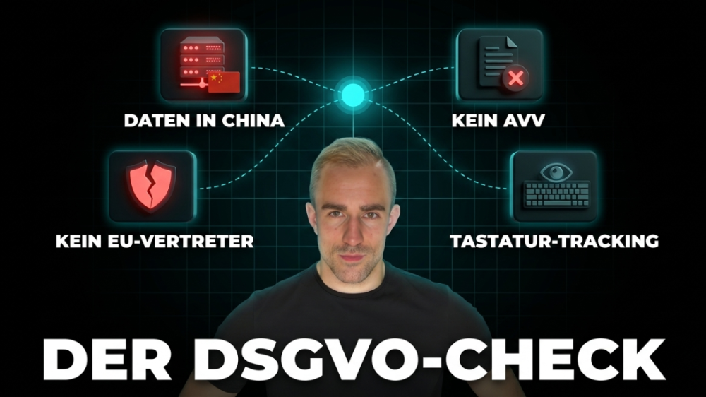 Grafik zeigt den DSGVO-Check für DeepSeek mit Daten in China und Tastatur-Tracking.