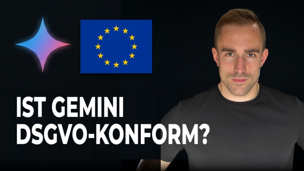 Person fragt: Ist Google Gemini DSGVO-konform? Mit EU-Flagge.