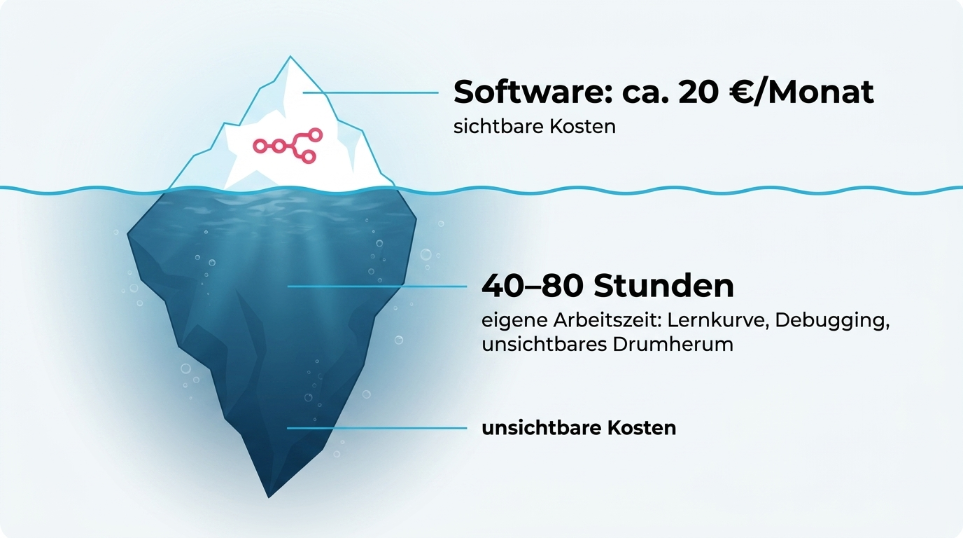 Eisberg-Diagramm zeigt sichtbare und unsichtbare Kosten beim Selbstbau eines KI-Agenten.