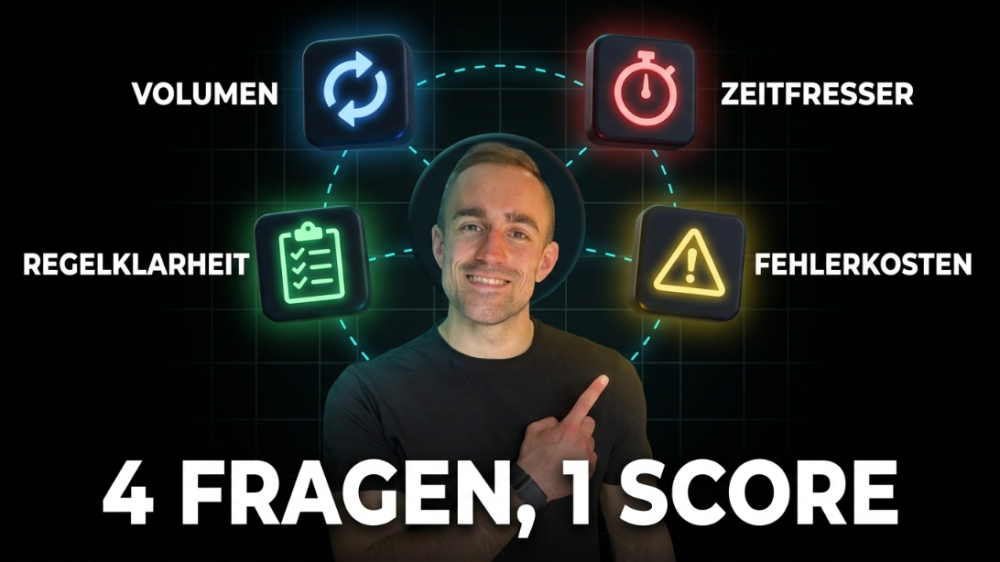 Eine Person erklärt die vier Fragen zur Prozessautomatisierung und deren Score.