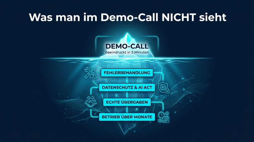 Grafik zu Warnsignalen im Demo-Call einer KI-Agentur mit wichtigen Punkten.