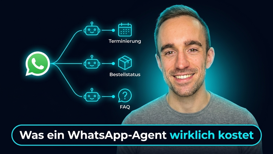 Illustration zeigt, was ein WhatsApp-Agent kostet und seine Funktionen wie Terminanfragen und FAQs.