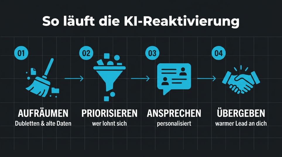 Das Diagramm beschreibt die Schritte der KI-Reaktivierung: Aufräumen, Priorisieren, Ansprechen und Übergeben.