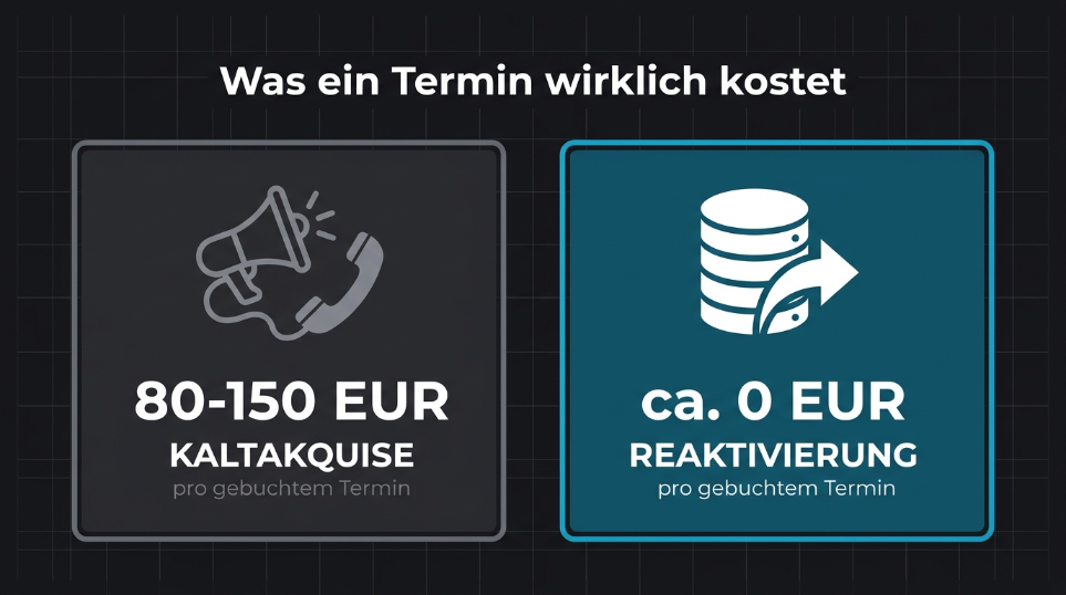 Grafik zu den Kosten eines Termins: Kaltaquise 80-150 EUR, Reaktivierung ca. 0 EUR.