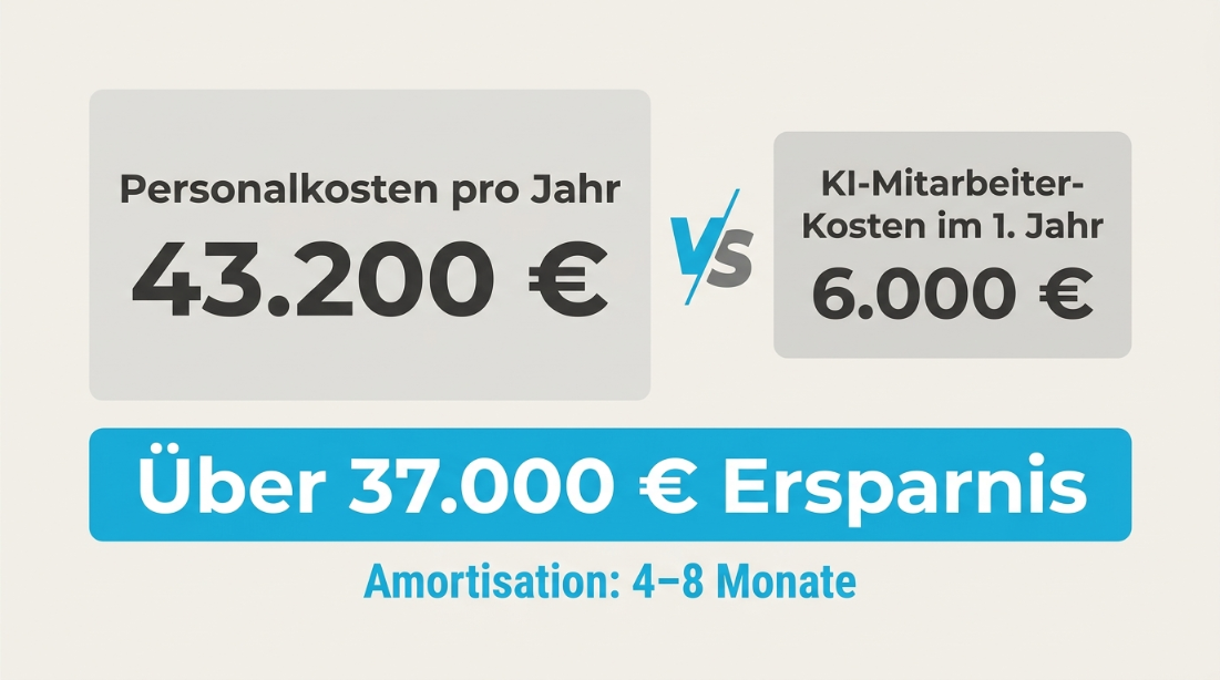 Vergleich der Kosten von KI-Mitarbeitern und traditionellen Personalkosten mit Einsparungen.