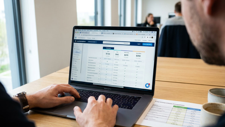 Person am Laptop sieht sich Daten zu Baufinanzierungs-Leads an.