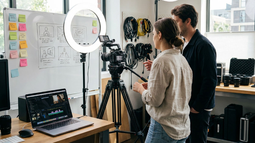 Zwei Personen erarbeiten Strategien zur Generierung von Baufinanzierungs-Leads bei einer Video-Produktion.