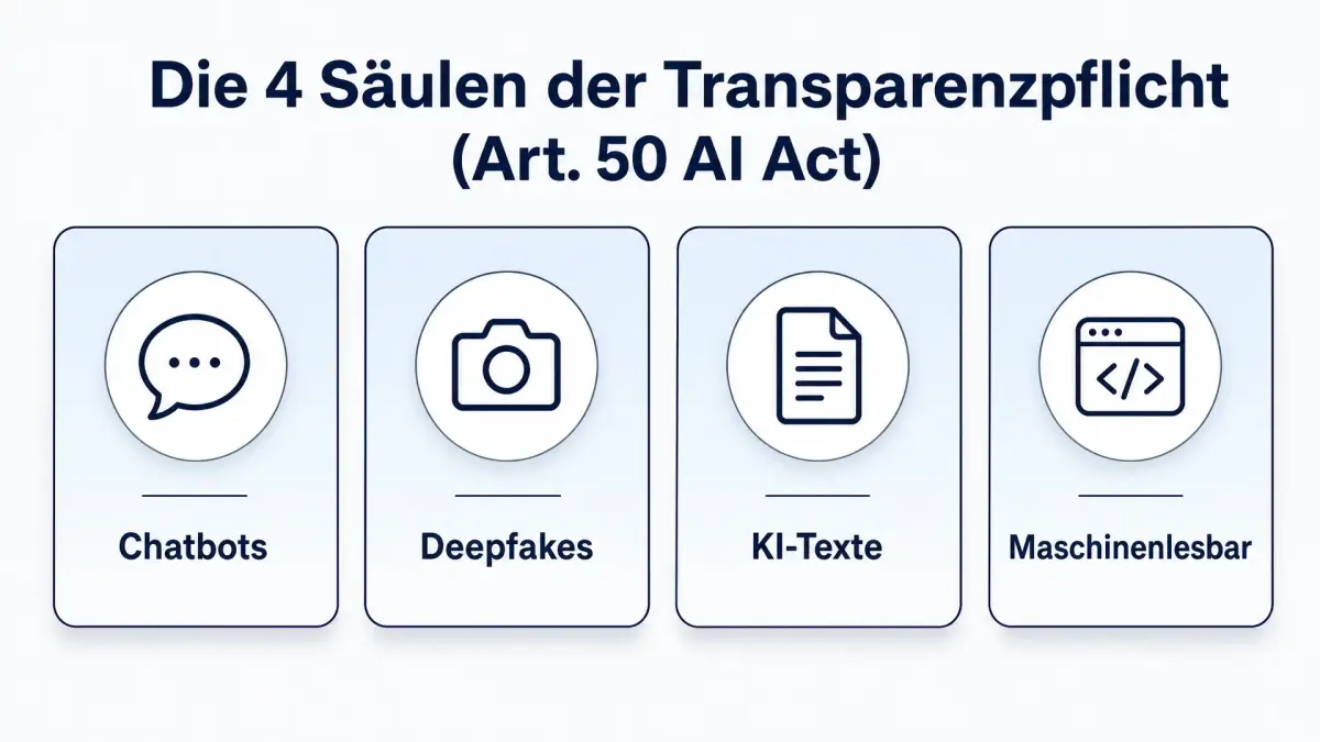 Die 4 Säulen der Transparenzpflicht des AI Act beinhalten Chatbots, Deepfakes, KI-Texte und Maschinenlesbarkeit.