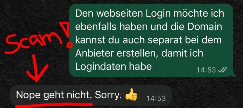 Screenshot einer WhatsApp-Nachricht zum Thema Webdesigner Scam.