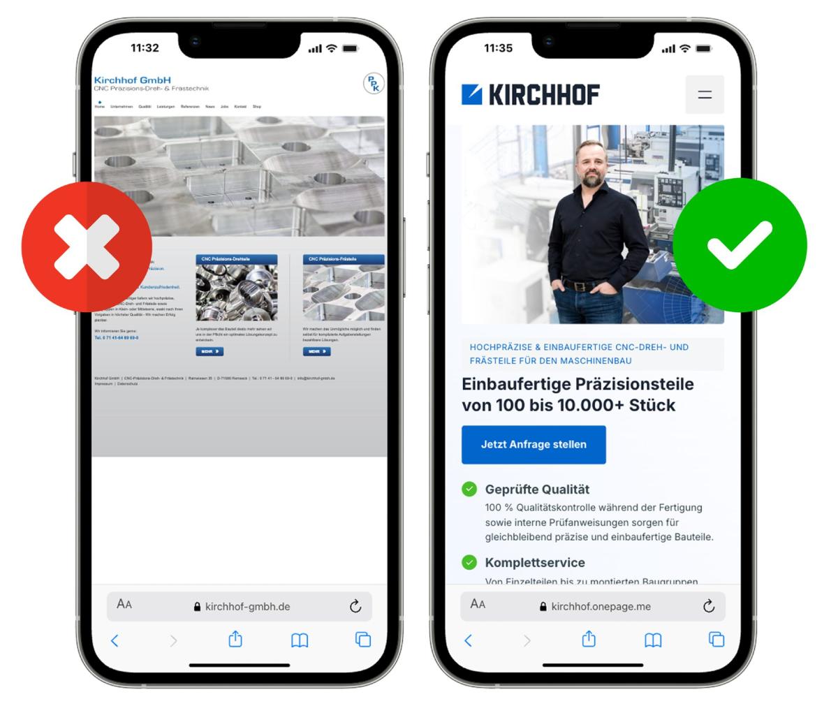 Vergleich: Website vor und nach dem Redesign auf Mobilgeräten