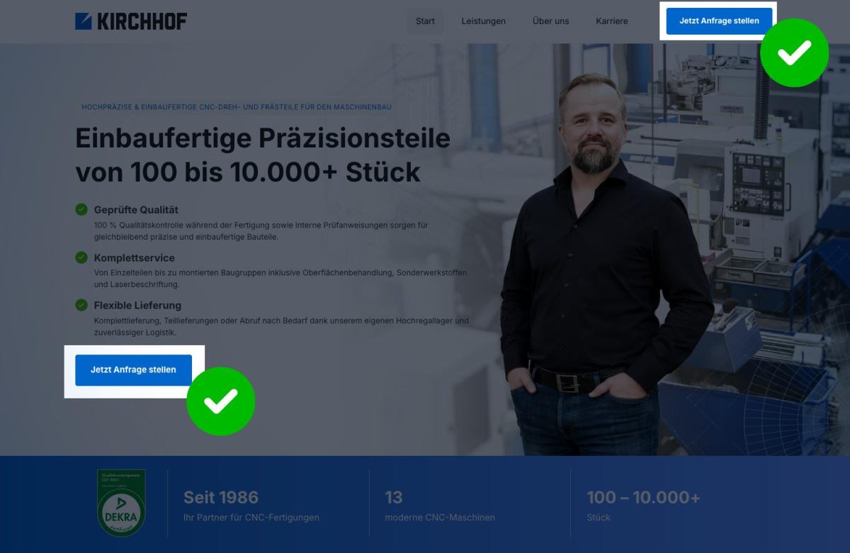 Klare Handlungsaufforderung mit Call-to-Action Buttons, die immer sichtbar sind (Website nach dem Redesign)