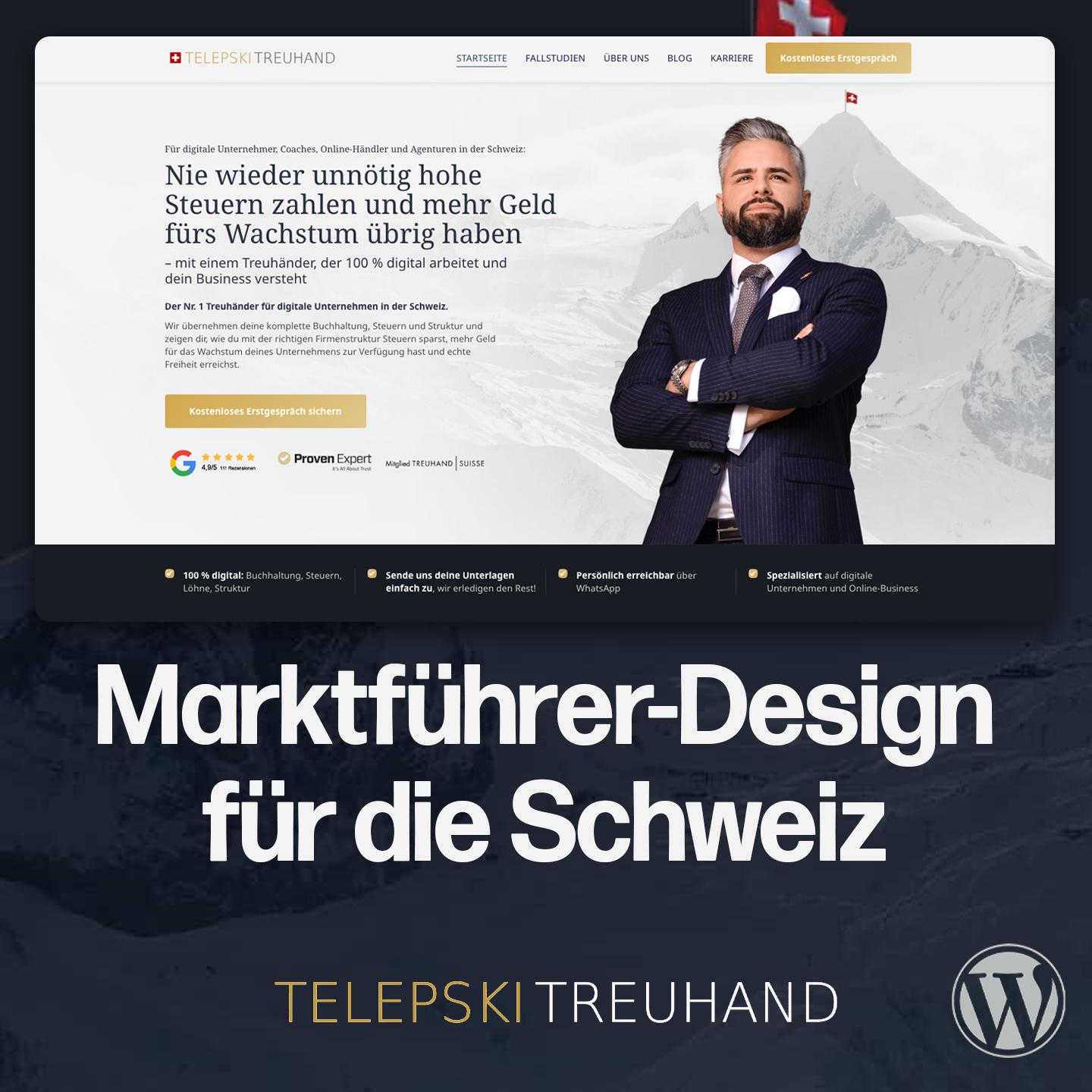 Marktführer-Website ist auch mit Wordpress möglich (Telepski Treuhand)