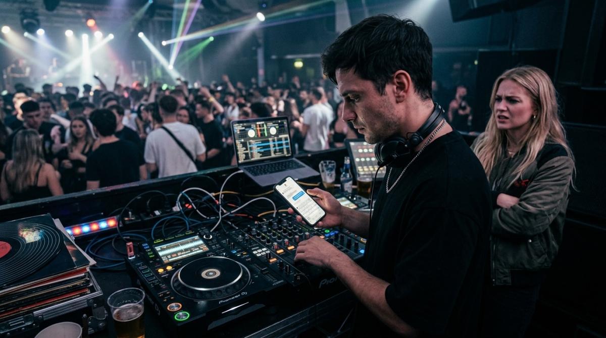 Ein DJ an der Sound-Anlage während eines Auftritts, zeigt Herausforderungen für DJs in Beziehungen.