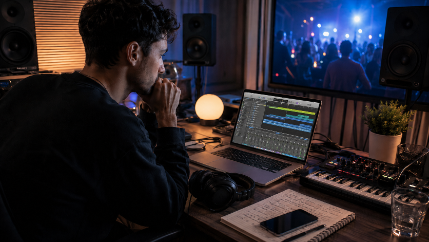 Ein DJ arbeitet am Laptop, während eine Party im Hintergrund läuft.