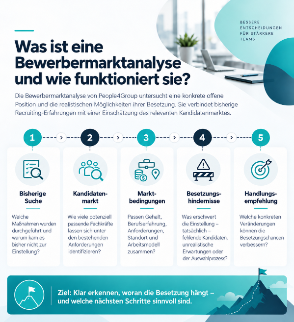 Infografik zur Bewerbermarktanalyse mit fünf Schritten von der bisherigen Suche bis zur Handlungsempfehlung.