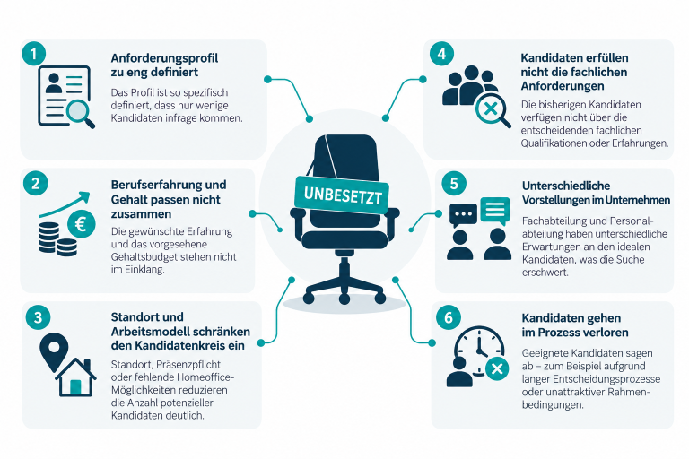 Infografik zur Bewerbermarktanalyse mit sechs typischen Hindernissen bei der Stellenbesetzung.