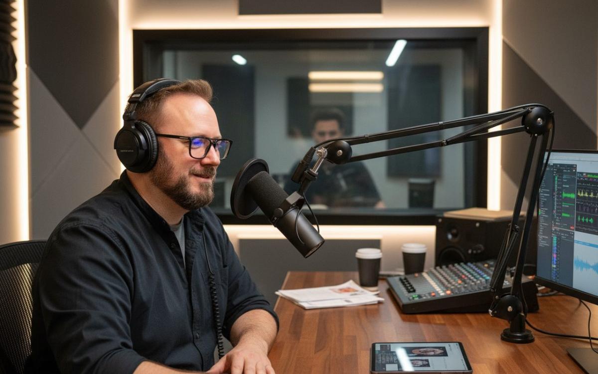 Mann im Podcast-Studio mit Mikrofon, der Corporate Podcasts aufnimmt.