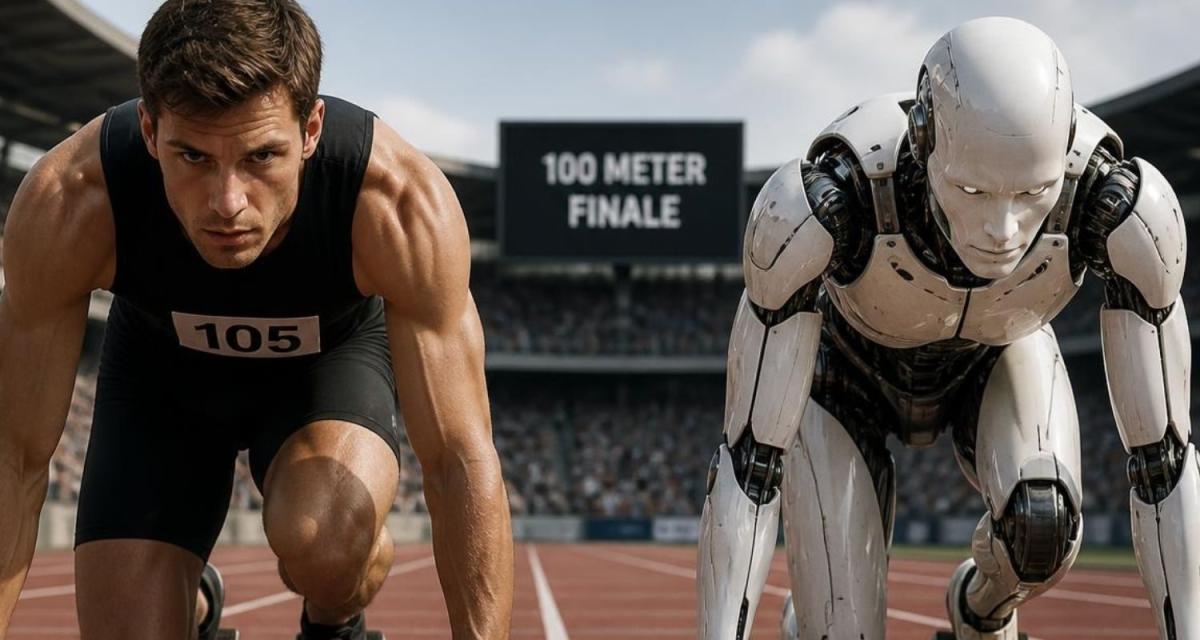 Ein menschlicher Athlet und ein roboterähnlicher Teilnehmer beim 100 Meter Finale, Thema KI-Bots Sicherheitsrisiko.