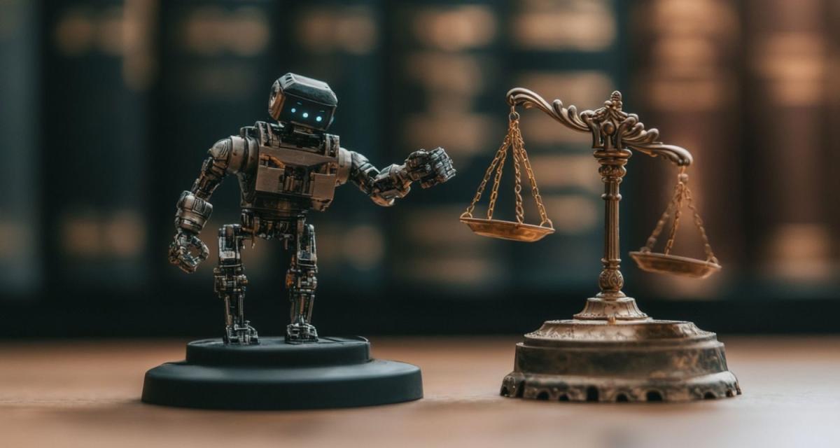 Ein Roboter steht neben einer Justizwaage, symbolisiert KI-Bots als Sicherheitsrisiko.